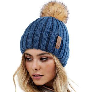 Women's Blue Winter Warm Knitted Beanie Faux Fur Pom Skull Style Hat Cap